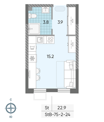 Продажа квартиры-студии 22,9 м², 24/24 этаж