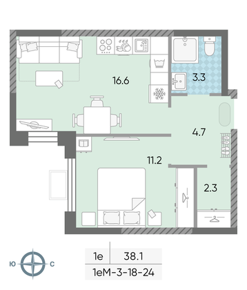 Продажа 1-комнатной квартиры 38,1 м², 24/24 этаж