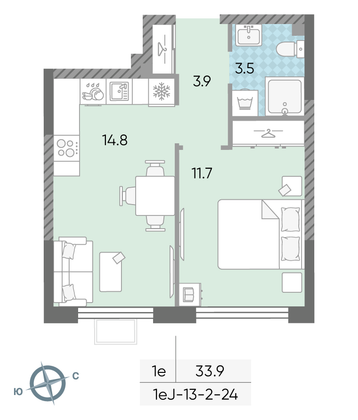Продажа 1-комнатной квартиры 33,9 м², 13/24 этаж