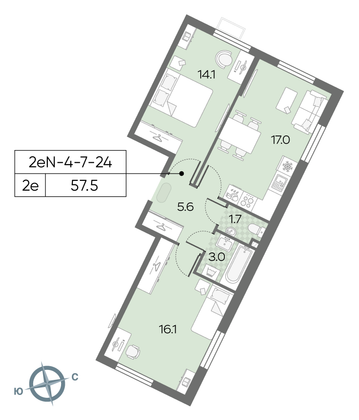 Продажа 2-комнатной квартиры 57,5 м², 22/24 этаж