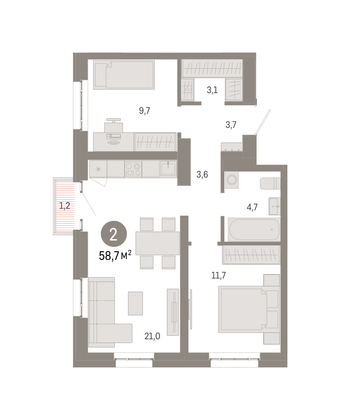 Продажа 2-комнатной квартиры 58,7 м², 10/16 этаж
