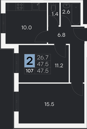 47,5 м², 2-комн. квартира, 1/9 этаж