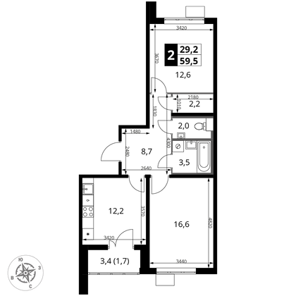 59,5 м², 2-комн. квартира, 24/25 этаж