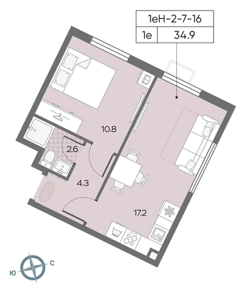 Продажа 1-комнатной квартиры 34,9 м², 16/24 этаж