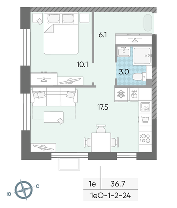 Продажа 1-комнатной квартиры 36,7 м², 4/24 этаж