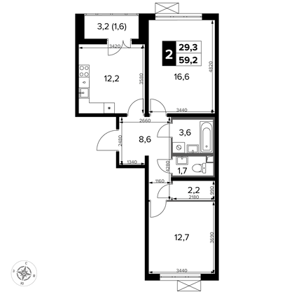 59,2 м², 2-комн. квартира, 17/23 этаж