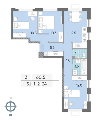 Продажа 3-комнатной квартиры 60,5 м², 22/24 этаж