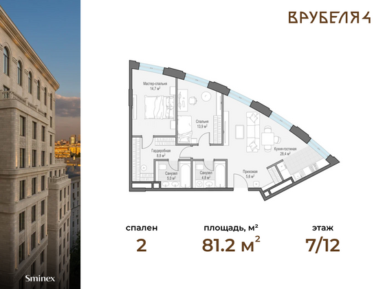 81,2 м², 2-комн. квартира, 7/12 этаж