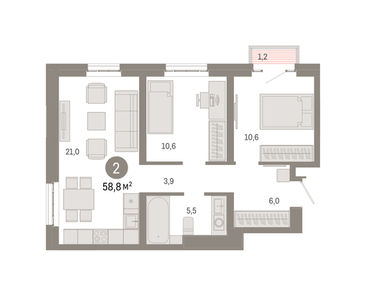 Продажа 2-комнатной квартиры 58,8 м², 12/31 этаж