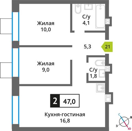 Продажа 2-комнатной квартиры 47 м², 4/6 этаж