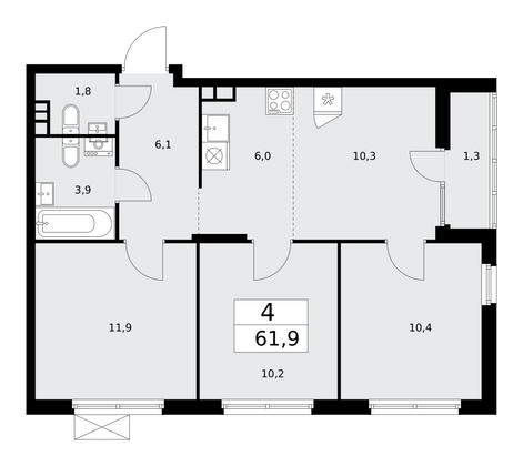 61,9 м², 4-комн. квартира, 13/15 этаж