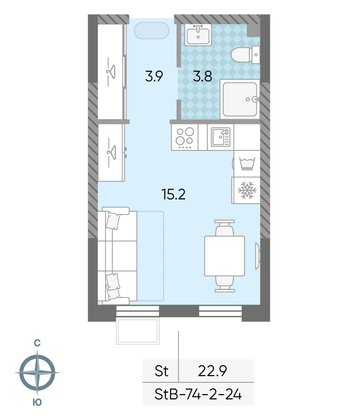 Продажа квартиры-студии 22,9 м², 13/24 этаж