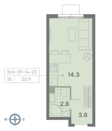 Продажа квартиры-студии 20,9 м², 19/23 этаж