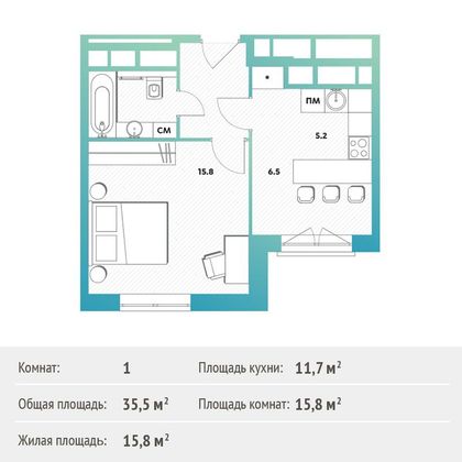35,9 м², 1-комн. квартира, 28/30 этаж
