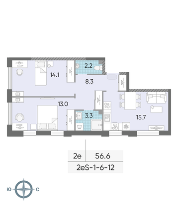 Продажа 2-комнатной квартиры 56,6 м², 12/24 этаж