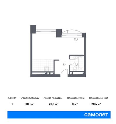 30,1 м², студия, 1/24 этаж