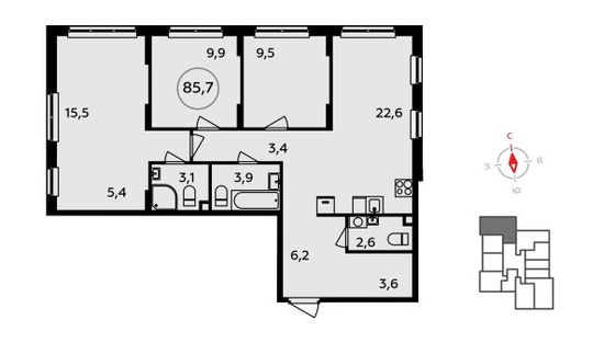 85,7 м², своб. планировка, 2/16 этаж