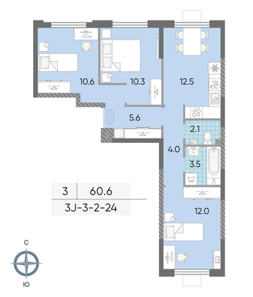 Продажа 3-комнатной квартиры 60,6 м², 2/24 этаж