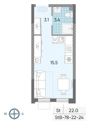 Продажа квартиры-студии 22 м², 24/24 этаж