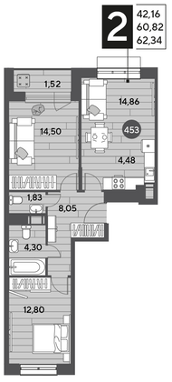 Продажа 2-комнатной квартиры 62,3 м², 12/15 этаж