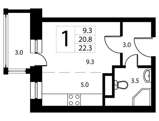 22,3 м², студия, 3/9 этаж