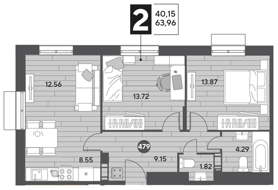 Продажа 2-комнатной квартиры 64 м², 2/15 этаж