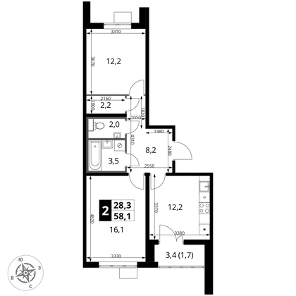 58,1 м², 2-комн. квартира, 24/25 этаж