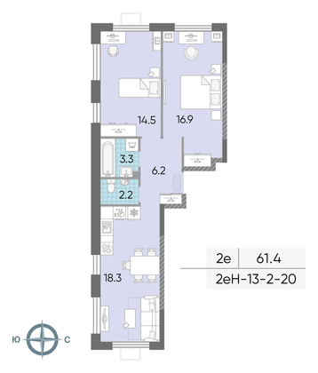 Продажа 2-комнатной квартиры 61,6 м², 5/24 этаж