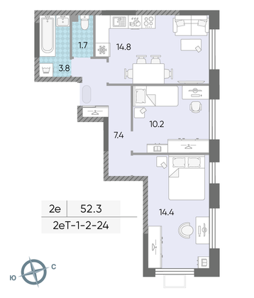 Продажа 2-комнатной квартиры 52,3 м², 6/24 этаж