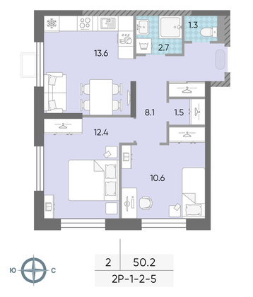Продажа 2-комнатной квартиры 50,2 м², 5/24 этаж