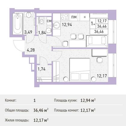 36,5 м², 1-комн. квартира, 1/17 этаж