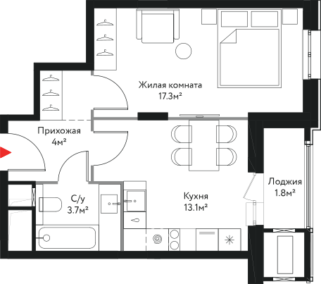 39,9 м², 1-комн. квартира, 2/17 этаж
