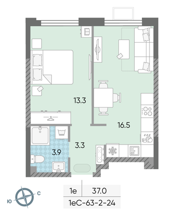 Продажа 1-комнатной квартиры 37 м², 13/24 этаж