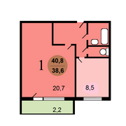 40,8 м², 1-комн. квартира, 13/14 этаж