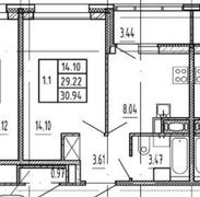 29,2 м², 1-комн. квартира, 12/15 этаж