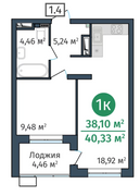 38 м², 1-комн. квартира, 24/24 этаж