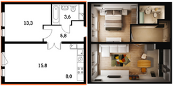 44,6 м², 2-комн. квартира, 15/15 этаж