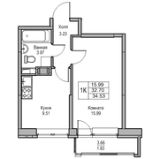32,7 м², 1-комн. квартира, 19/23 этаж