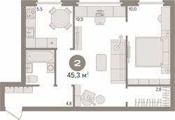 45,3 м², 2-комн. квартира, 1/5 этаж