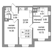 61,2 м², 2-комн. квартира, 1/27 этаж