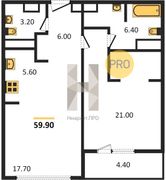 61,6 м², 1-комн. квартира, 13/21 этаж