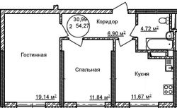 54,3 м², 2-комн. квартира, 12/32 этаж