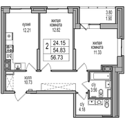 54,8 м², 2-комн. квартира, 13/27 этаж