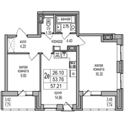 53,8 м², 2-комн. квартира, 4/27 этаж