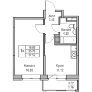 35,8 м², 1-комн. квартира, 22/23 этаж