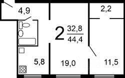 44,4 м², 2-комн. квартира, 5/5 этаж