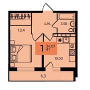 40,7 м², 1-комн. квартира, 3/4 этаж