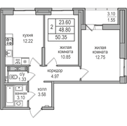 48,8 м², 2-комн. квартира, 12/17 этаж