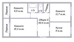 60,6 м², 3-комн. квартира, 1/2 этаж