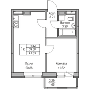 39,7 м², 1-комн. квартира, 22/23 этаж